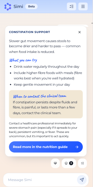 A structured constipation action plan generated by Simi, with practical steps and clear guidance on when to contact the clinical team