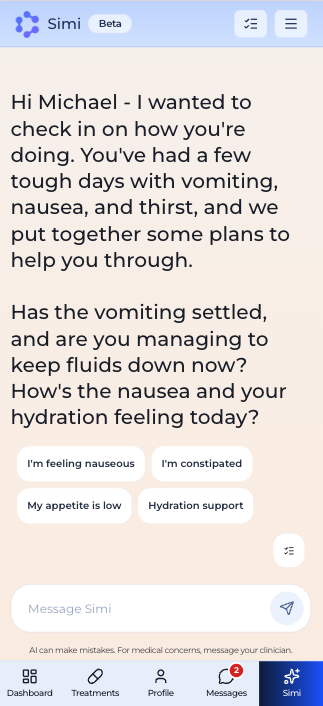 Simi proactively checking in after a difficult few days, with quick-reply options
