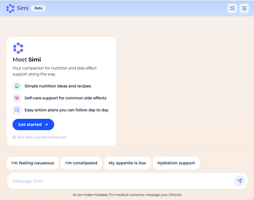 Simi's welcome screen: an AI companion for nutrition and side-effect support along the way
