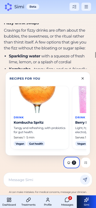 Simi suggesting recipe cards mid-conversation: here, fizzy drink swaps leading to a kombucha spritz